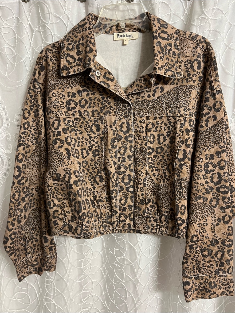 Peach Love California Leopard Print Cropped Jean Jacket - Tan & Black